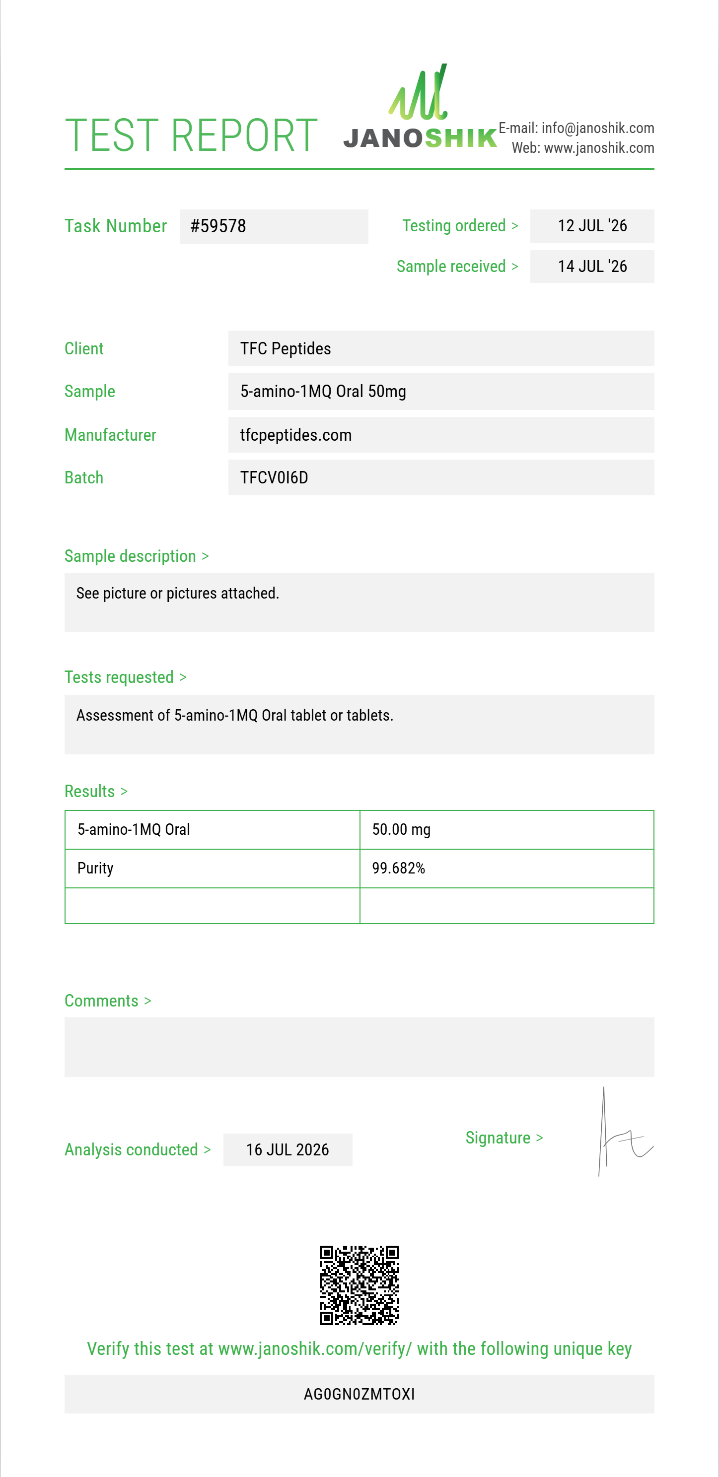 5-amino-1MQ Oral Purity (HPLC) report by Janoshik Analytical