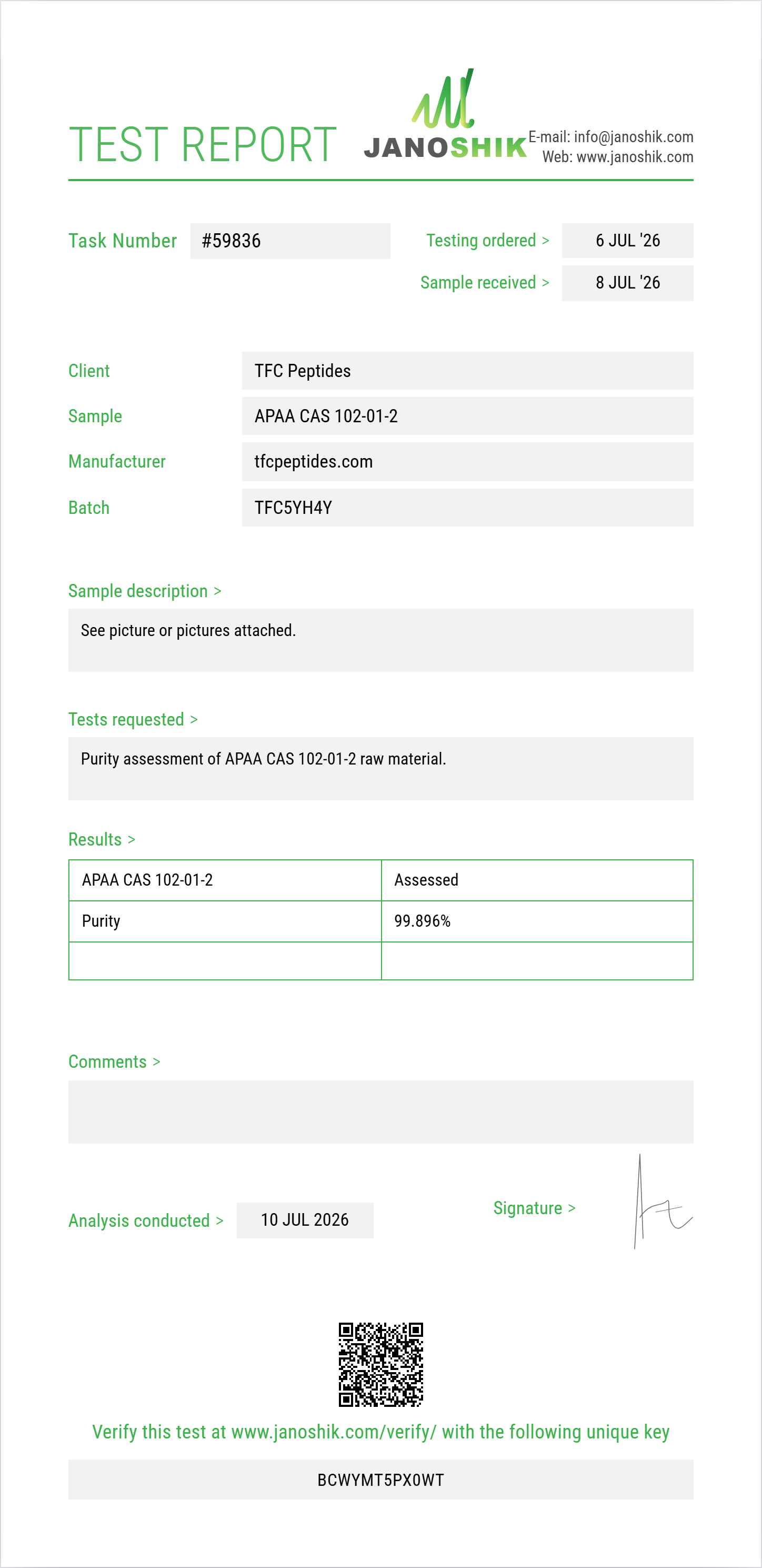 APAA (alpha-phenylacetoacetamide) CAS 102-01-2 Purity (HPLC) report by Janoshik Analytical