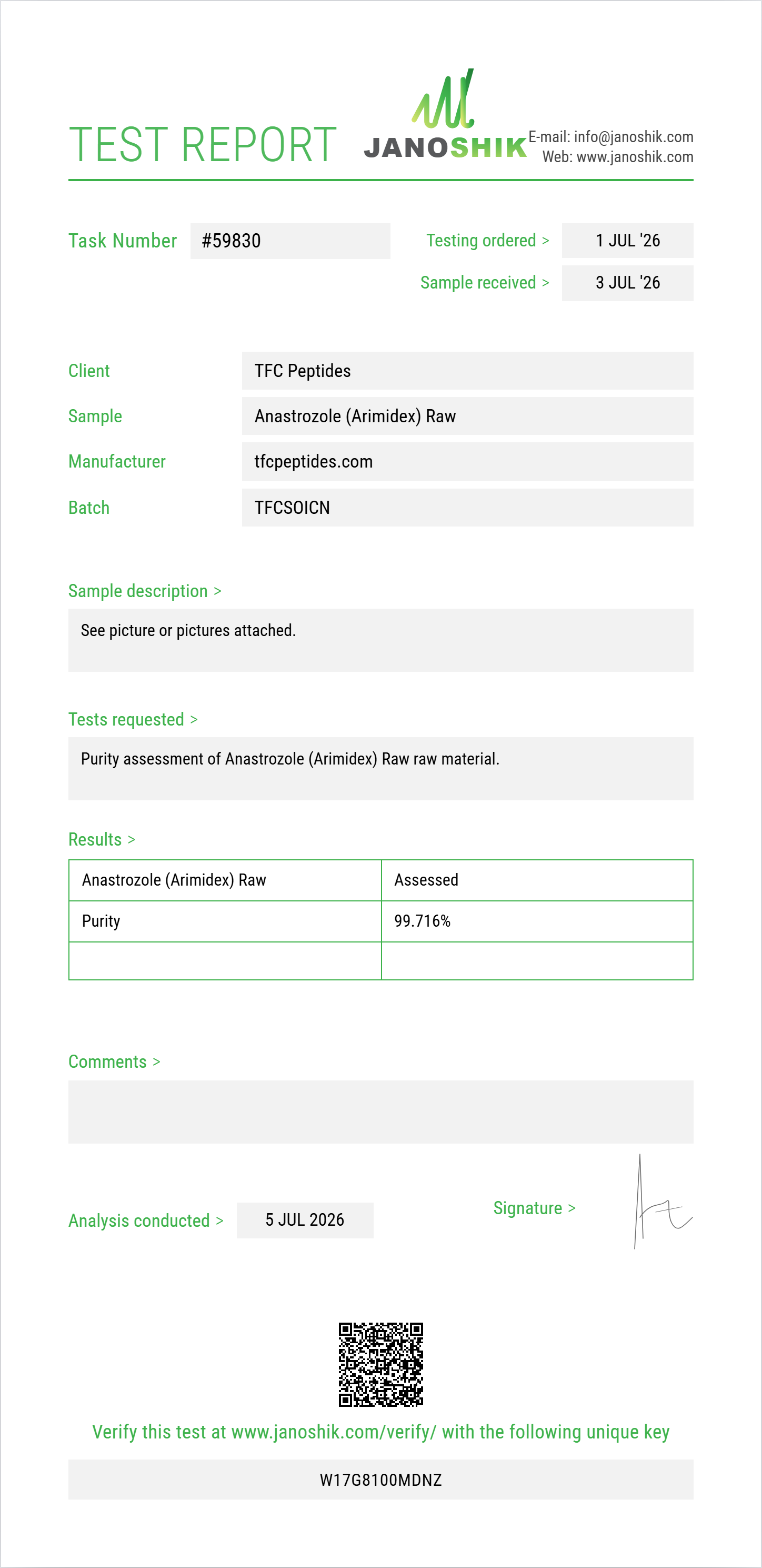 Anastrozole (Arimidex) Raw Purity (HPLC) report by Janoshik Analytical