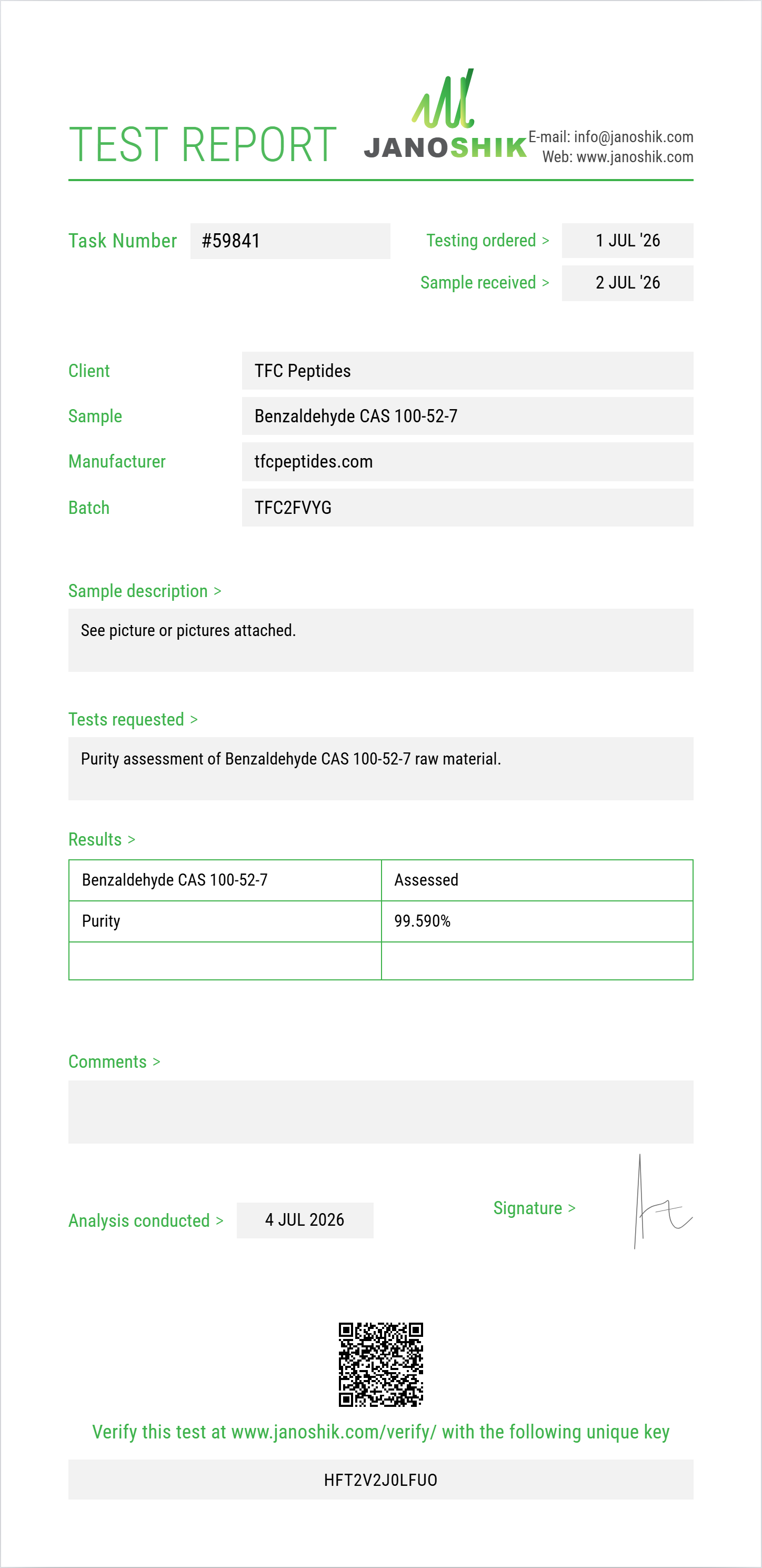 Benzaldehyde CAS 100-52-7 Purity (HPLC) report by Janoshik Analytical