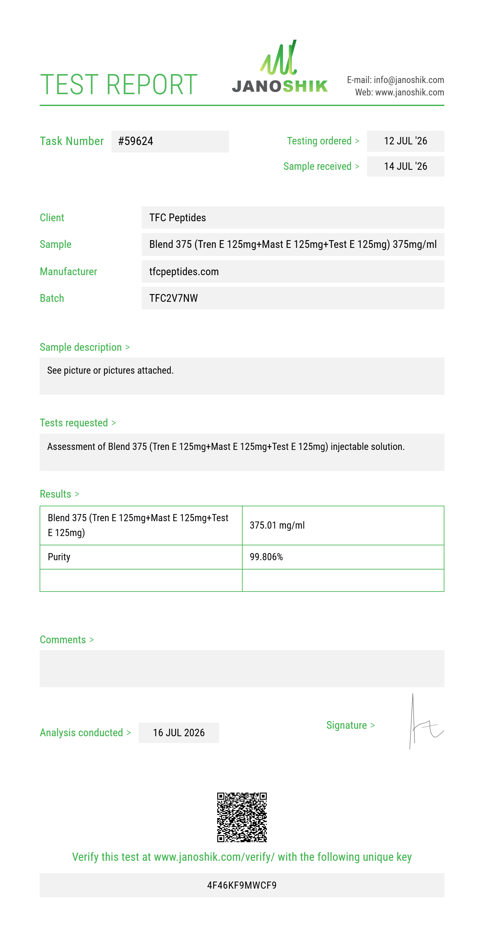 Blend 375 (Tren E 125mg+Mast E 125mg+Test E 125mg) Purity (HPLC) report by Janoshik Analytical