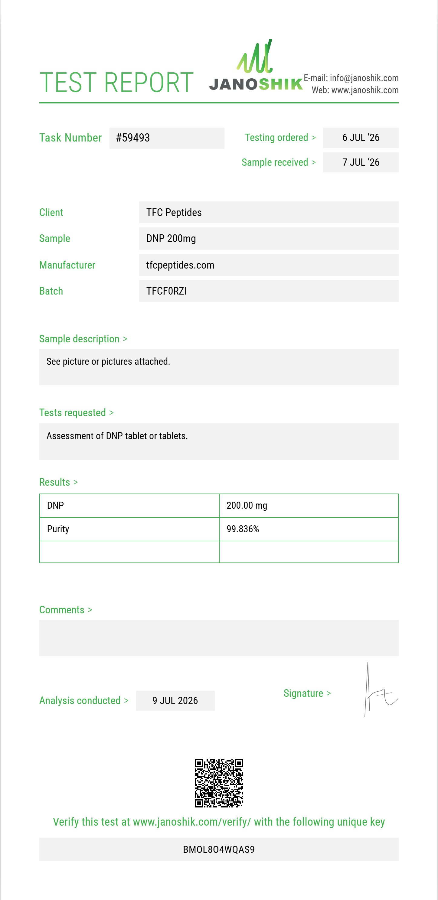 DNP Purity (HPLC) report by Janoshik Analytical