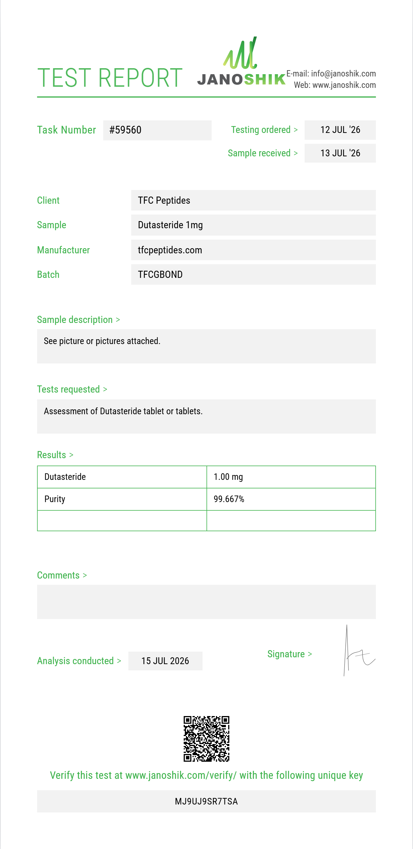 Dutasteride Purity (HPLC) report by Janoshik Analytical