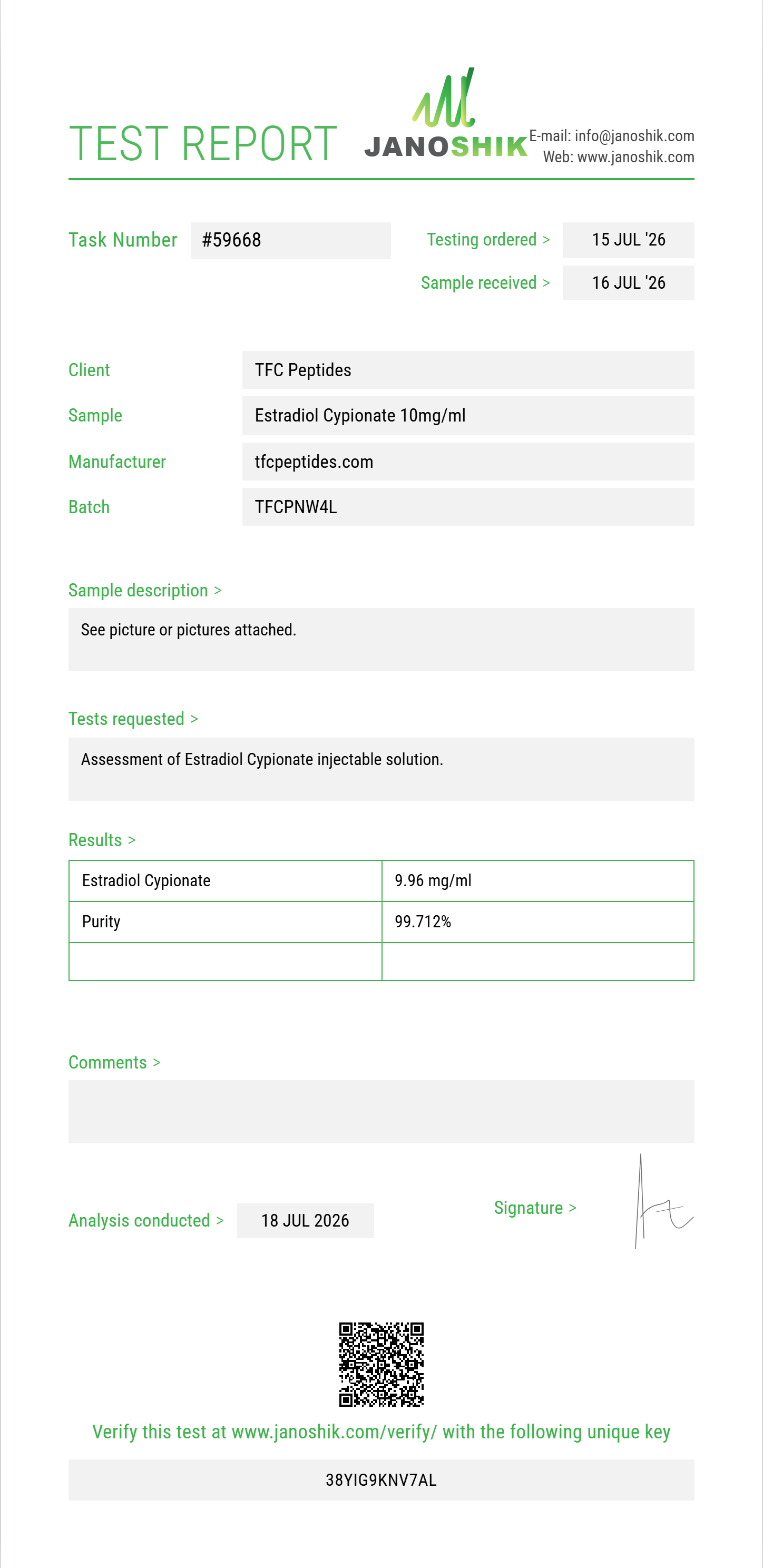 Estradiol Cypionate Purity (HPLC) report by Janoshik Analytical