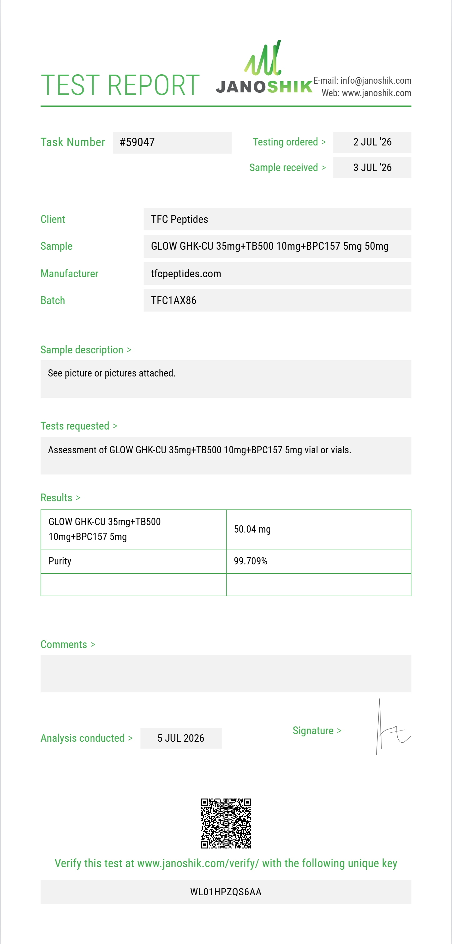 GLOW GHK-CU 35mg+TB500 10mg+BPC157 5mg Purity (HPLC) report by Janoshik Analytical