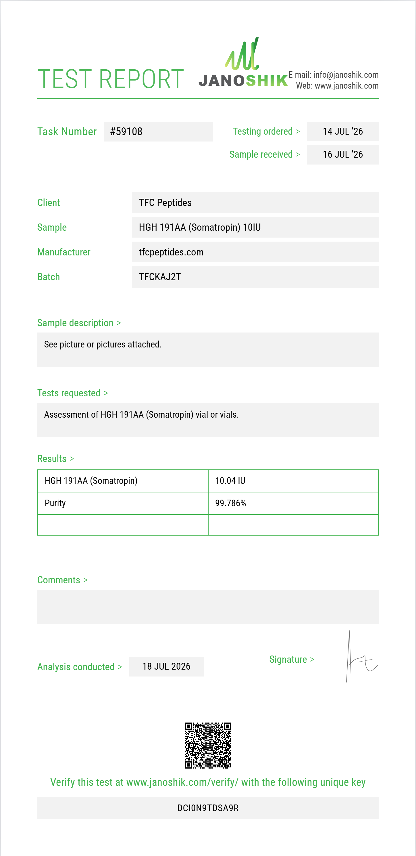 HGH 191AA (Somatropin) Purity (HPLC) report by Janoshik Analytical