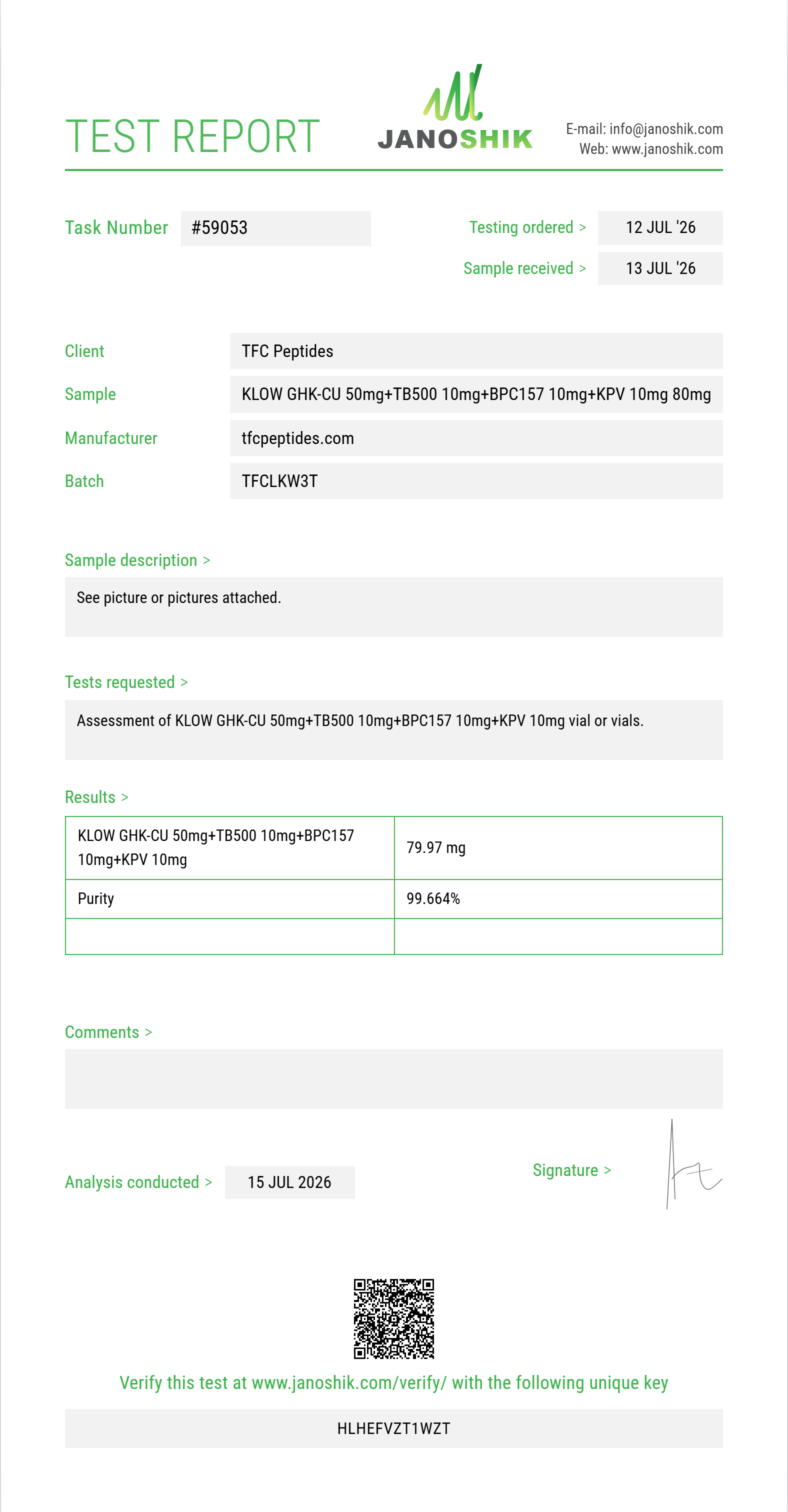 KLOW GHK-CU 50mg+TB500 10mg+BPC157 10mg+KPV 10mg Purity (HPLC) report by Janoshik Analytical