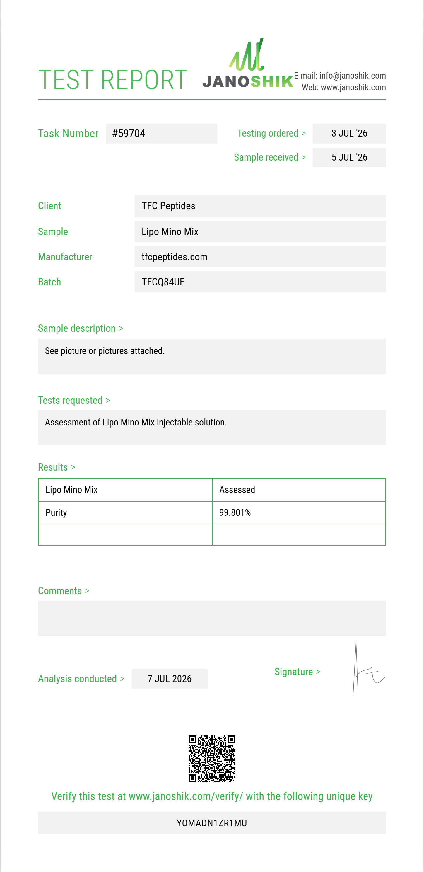 Lipo Mino Mix (B6+Methionine+Inositol+Choline+B1+B2+Carnitine) Purity (HPLC) report by Janoshik Analytical