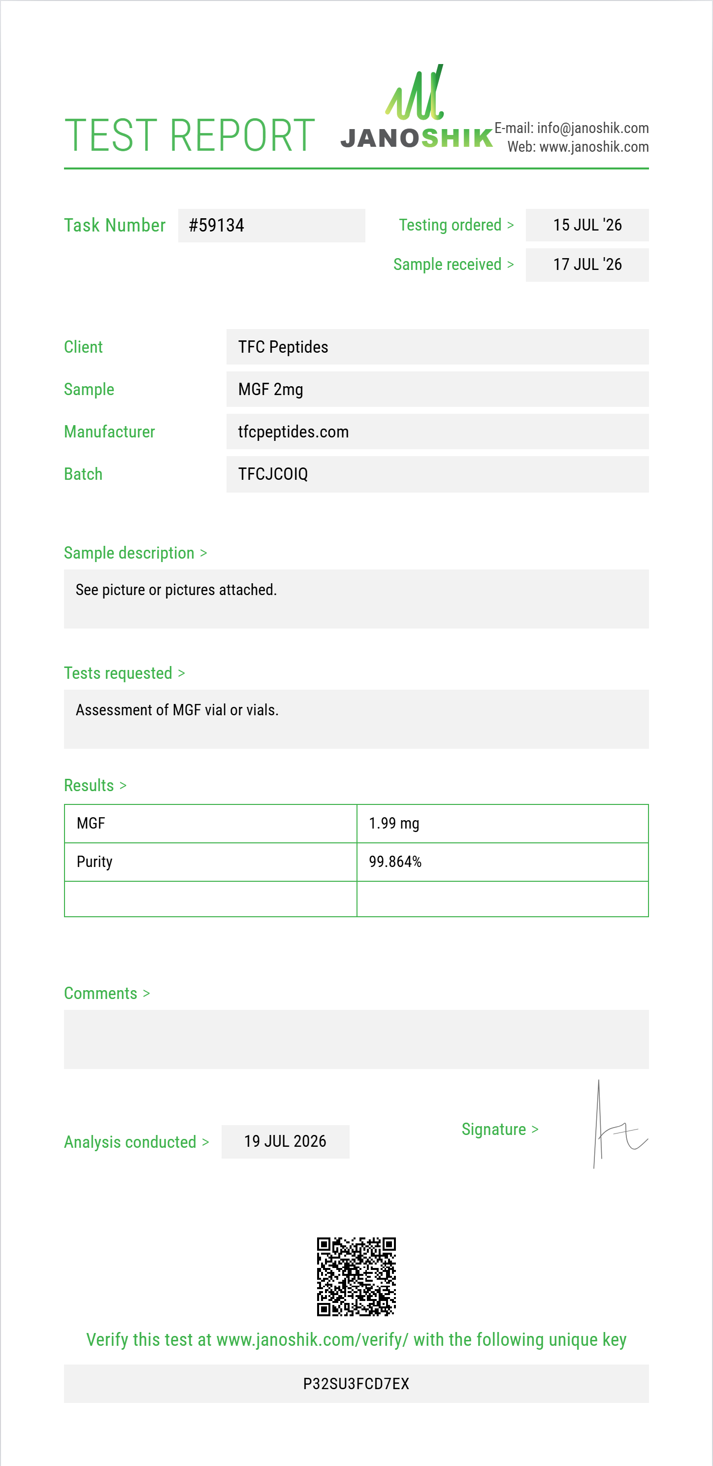 MGF Purity (HPLC) report by Janoshik Analytical