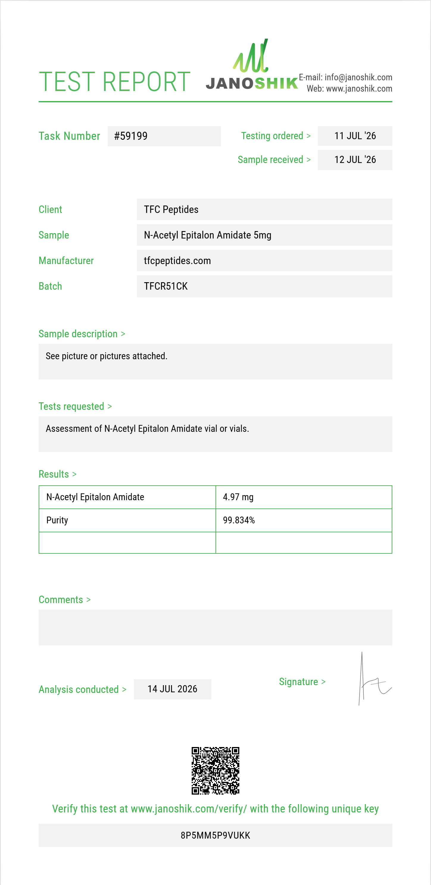 N-Acetyl Epitalon Amidate Purity (HPLC) report by Janoshik Analytical