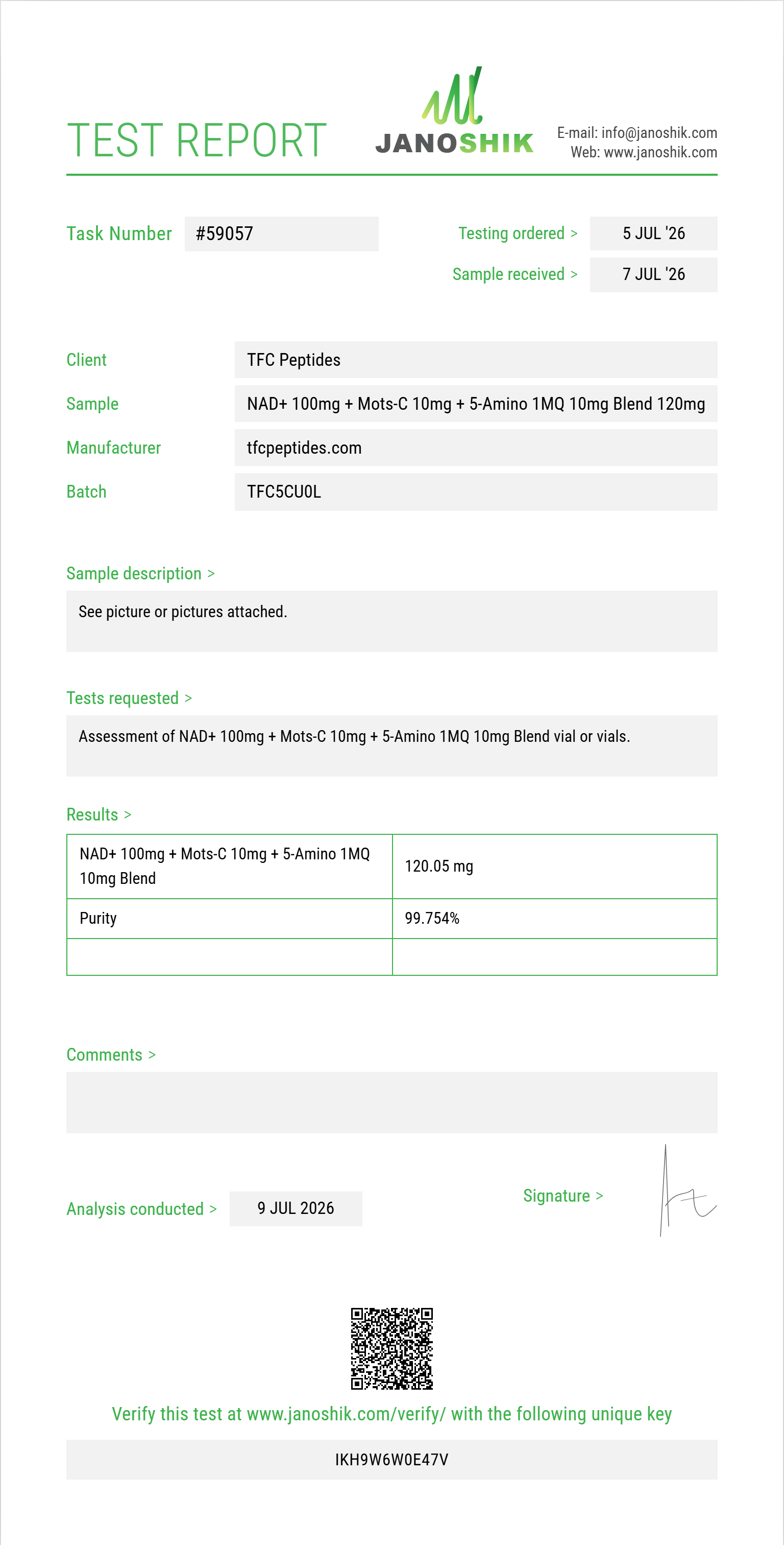 NAD+ 100mg + Mots-C 10mg + 5-Amino 1MQ 10mg Blend Purity (HPLC) report by Janoshik Analytical