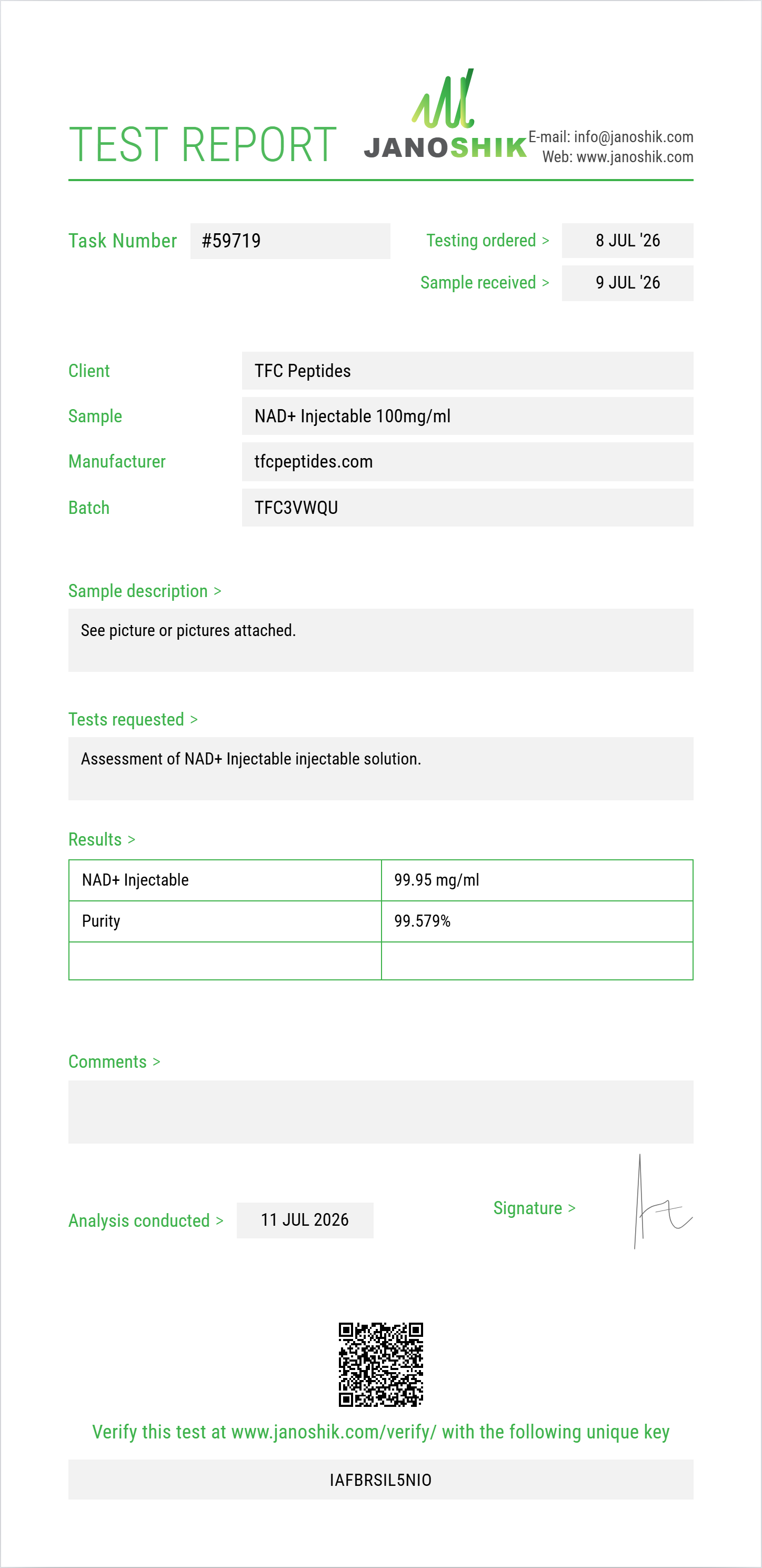 NAD+ Injectable Purity (HPLC) report by Janoshik Analytical