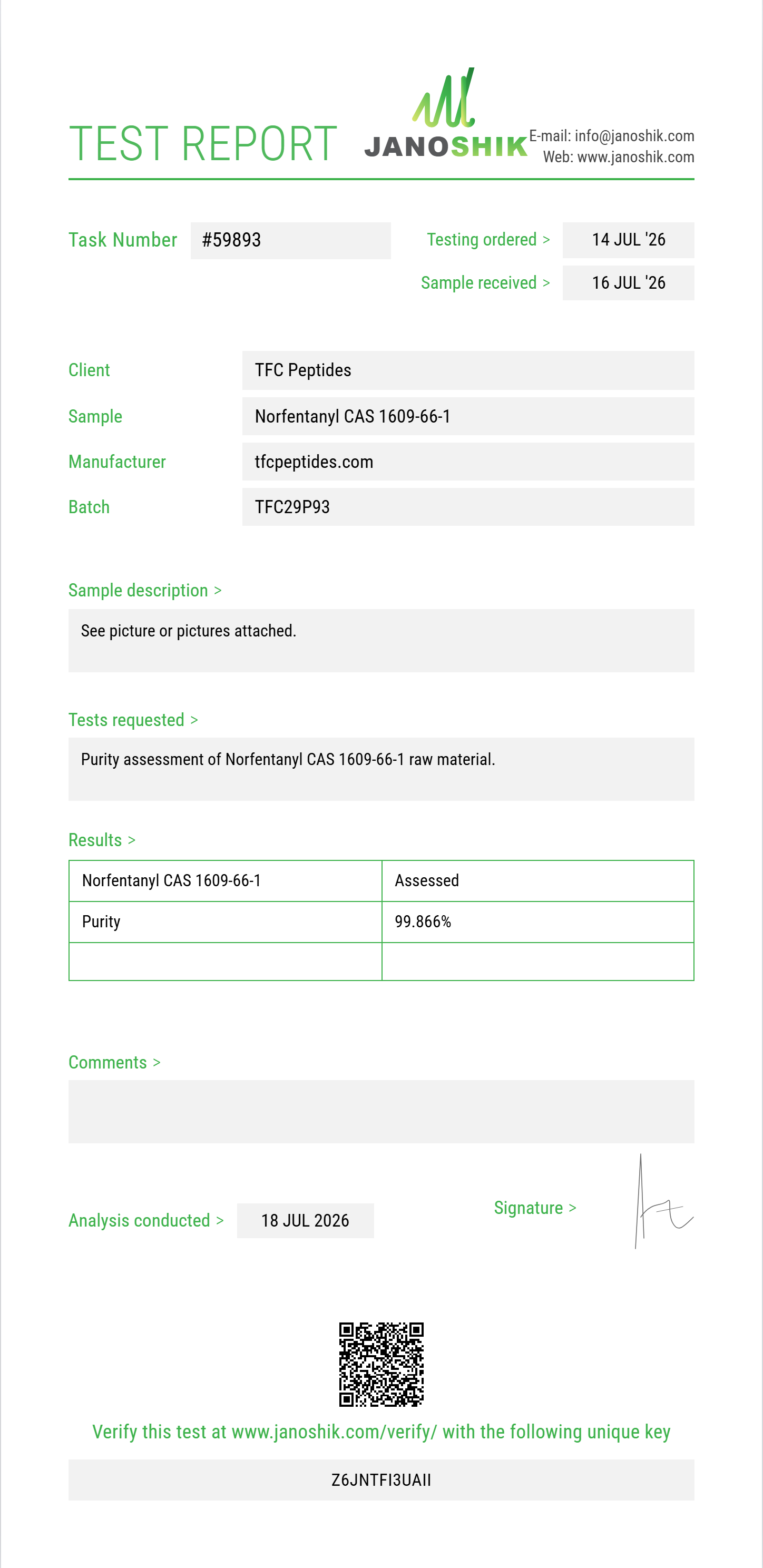 Norfentanyl CAS 1609-66-1 Purity (HPLC) report by Janoshik Analytical