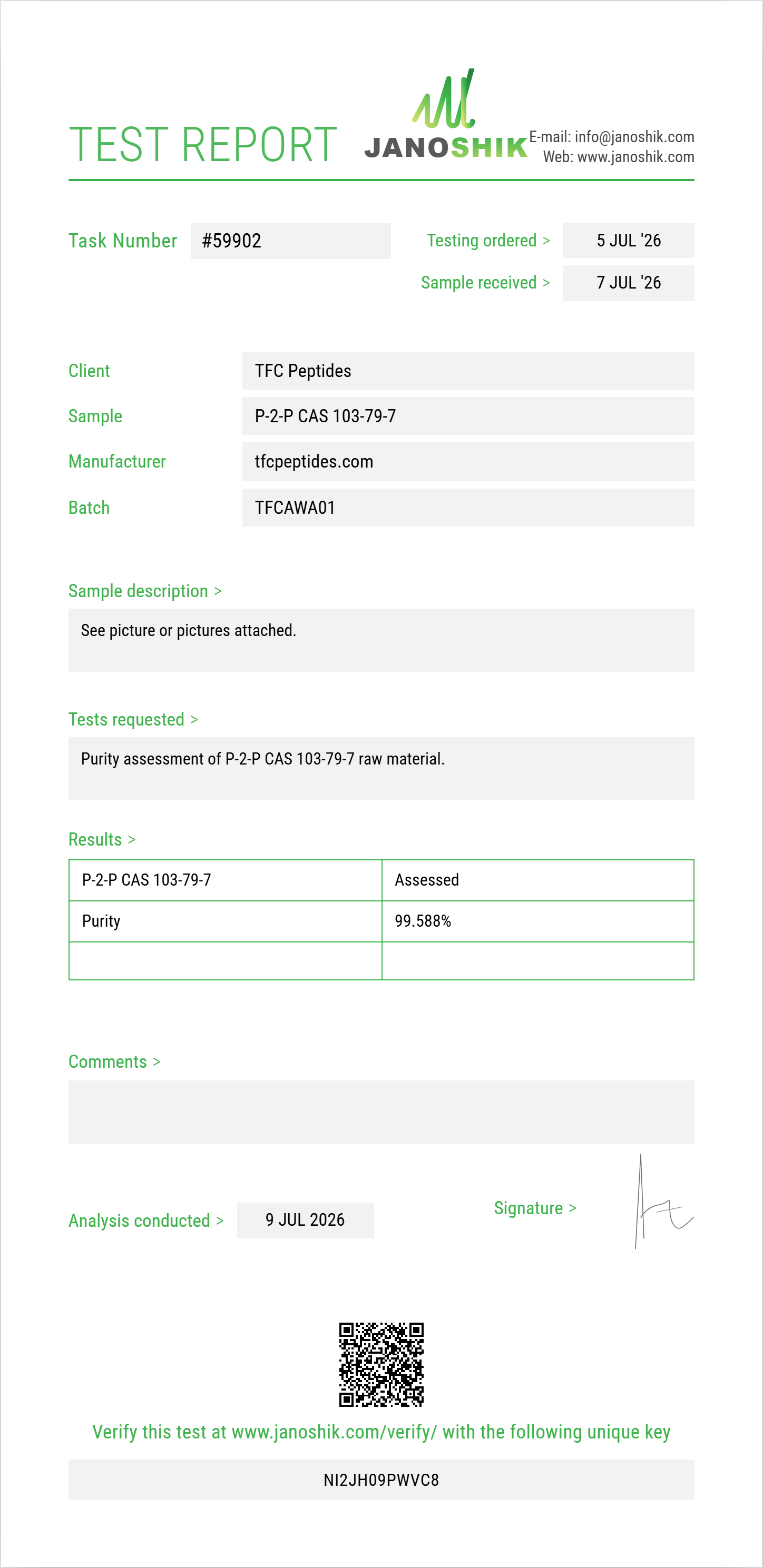 P-2-P (phenyl-2-propanone / BMK) CAS 103-79-7 Purity (HPLC) report by Janoshik Analytical