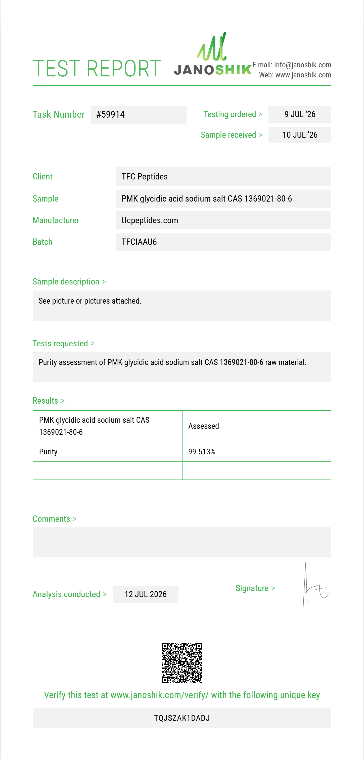 PMK glycidic acid (3,4-MDP-2-P methyl glycidic acid / sodium salt) CAS 1369021-80-6 Purity (HPLC) report by Janoshik Analytical
