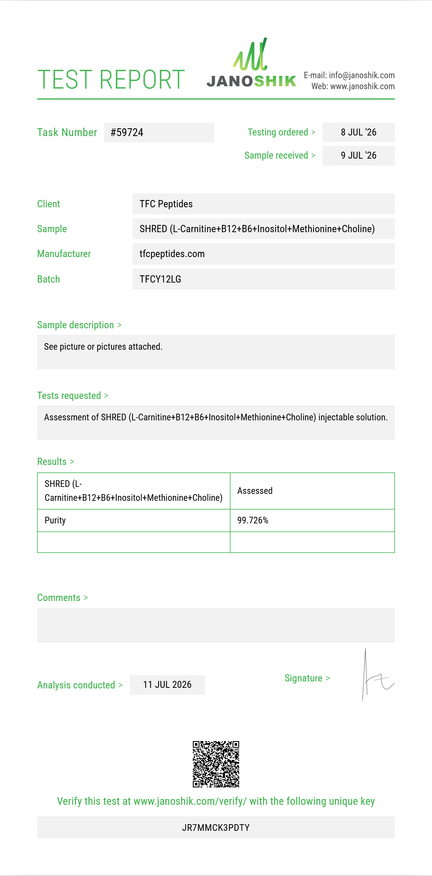 SHRED (L-Carnitine 200mg+B12+B6+Inositol+Methionine+Choline) Purity (HPLC) report by Janoshik Analytical