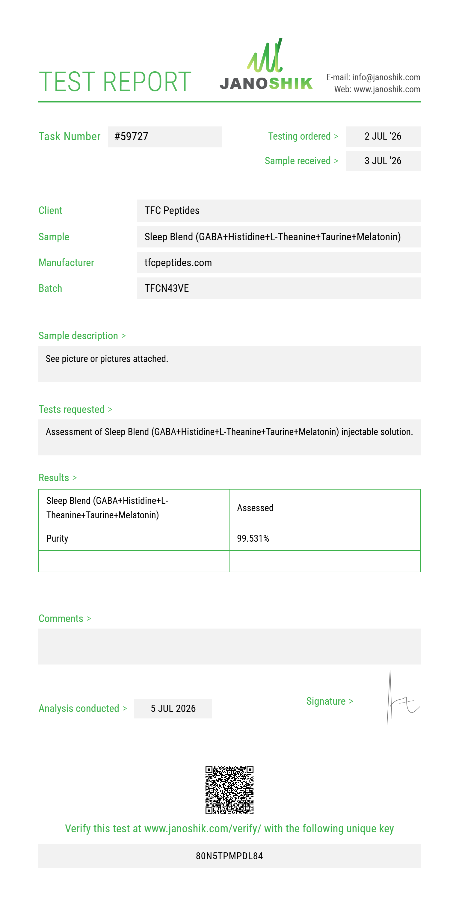Sleep Blend (GABA 100mg+Histidine 100mg+L-Theanine 50mg+Taurine 100mg+Melatonin 2mg) Purity (HPLC) report by Janoshik Analytical