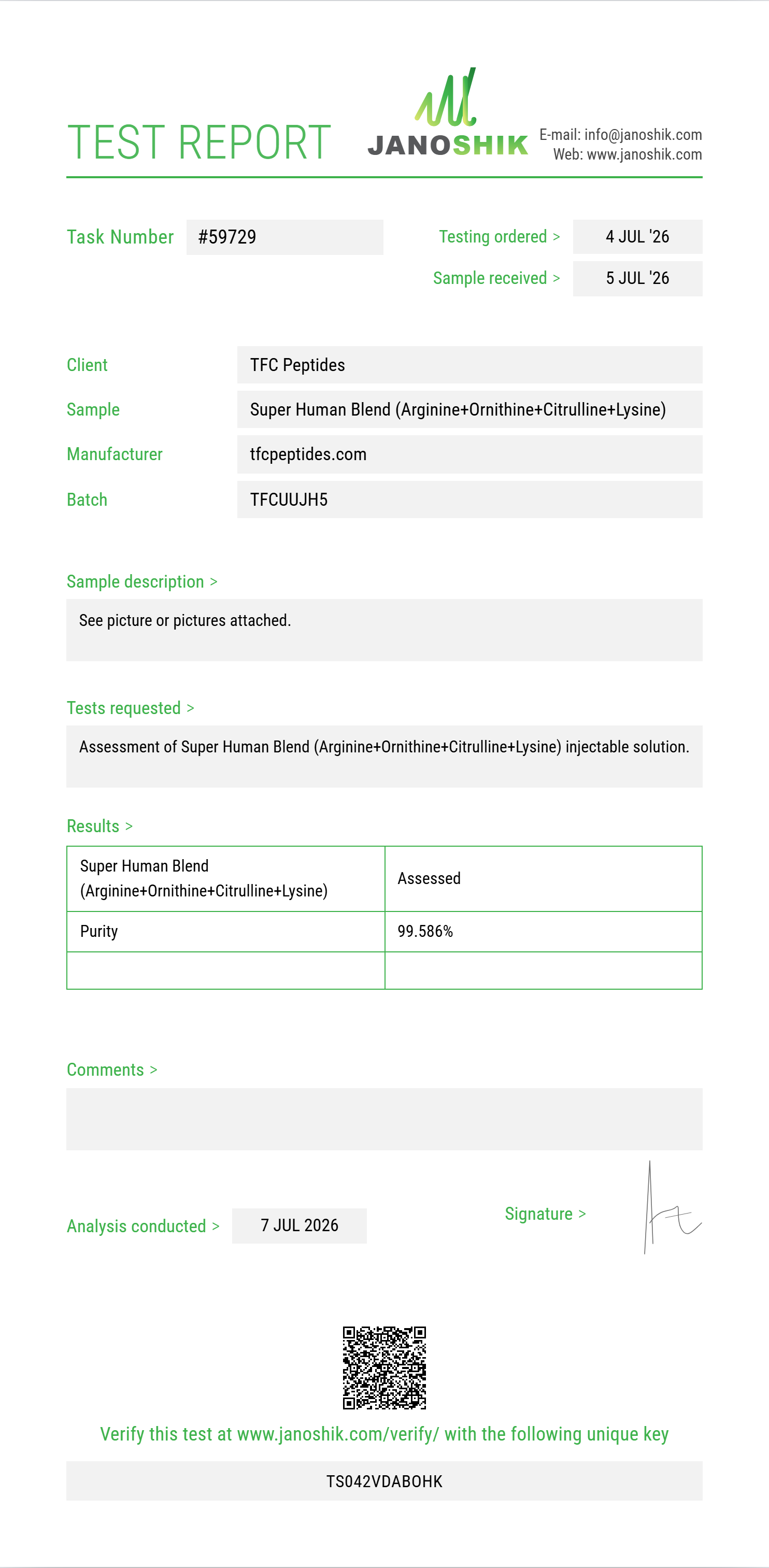 Super Human Blend (Arginine+Ornithine+Citrulline+Lysine+Glutamine+Proline+Taurine+Carnitine+NAC) Purity (HPLC) report by Janoshik Analytical