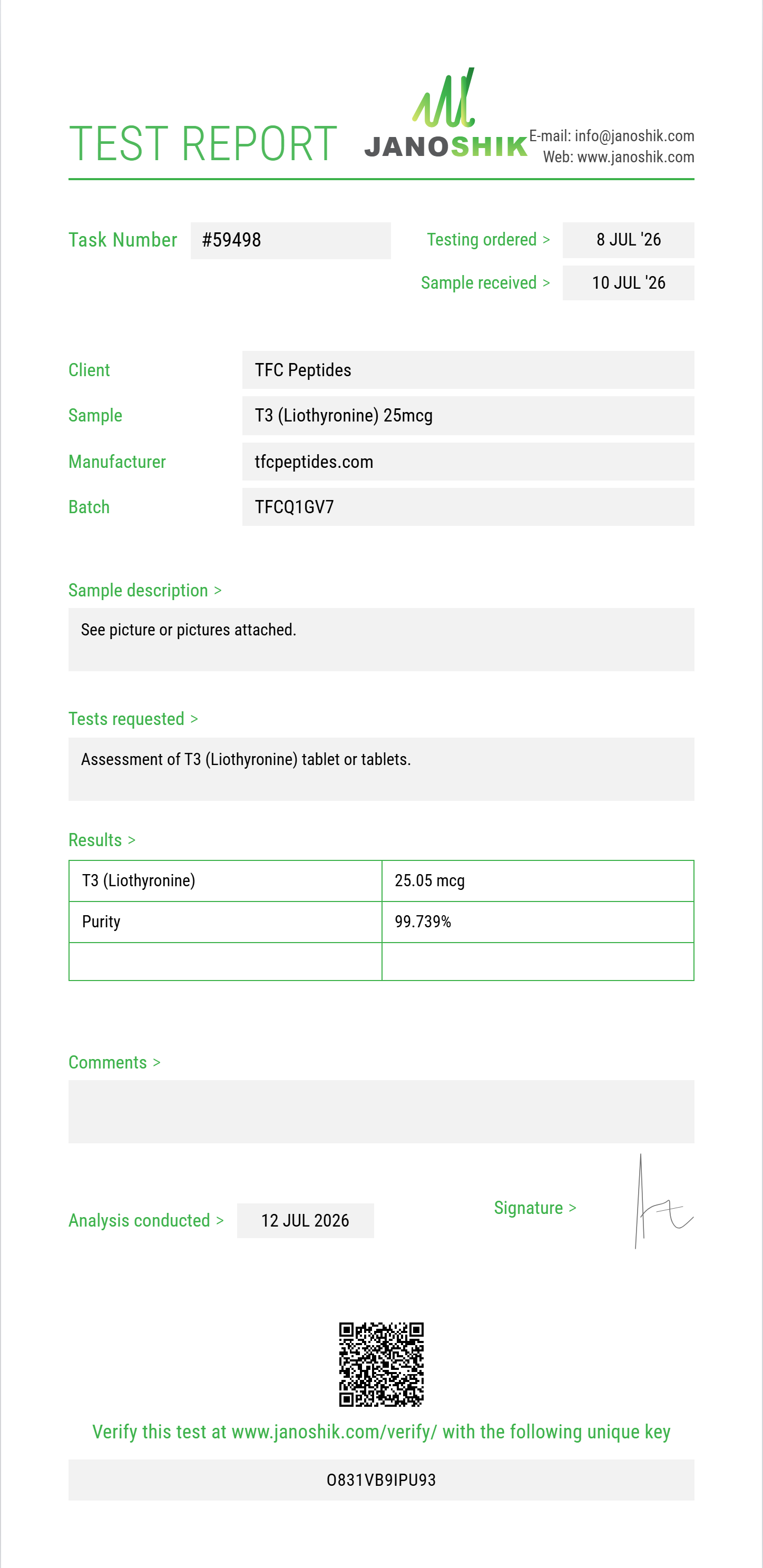 T3 (Liothyronine) Purity (HPLC) report by Janoshik Analytical