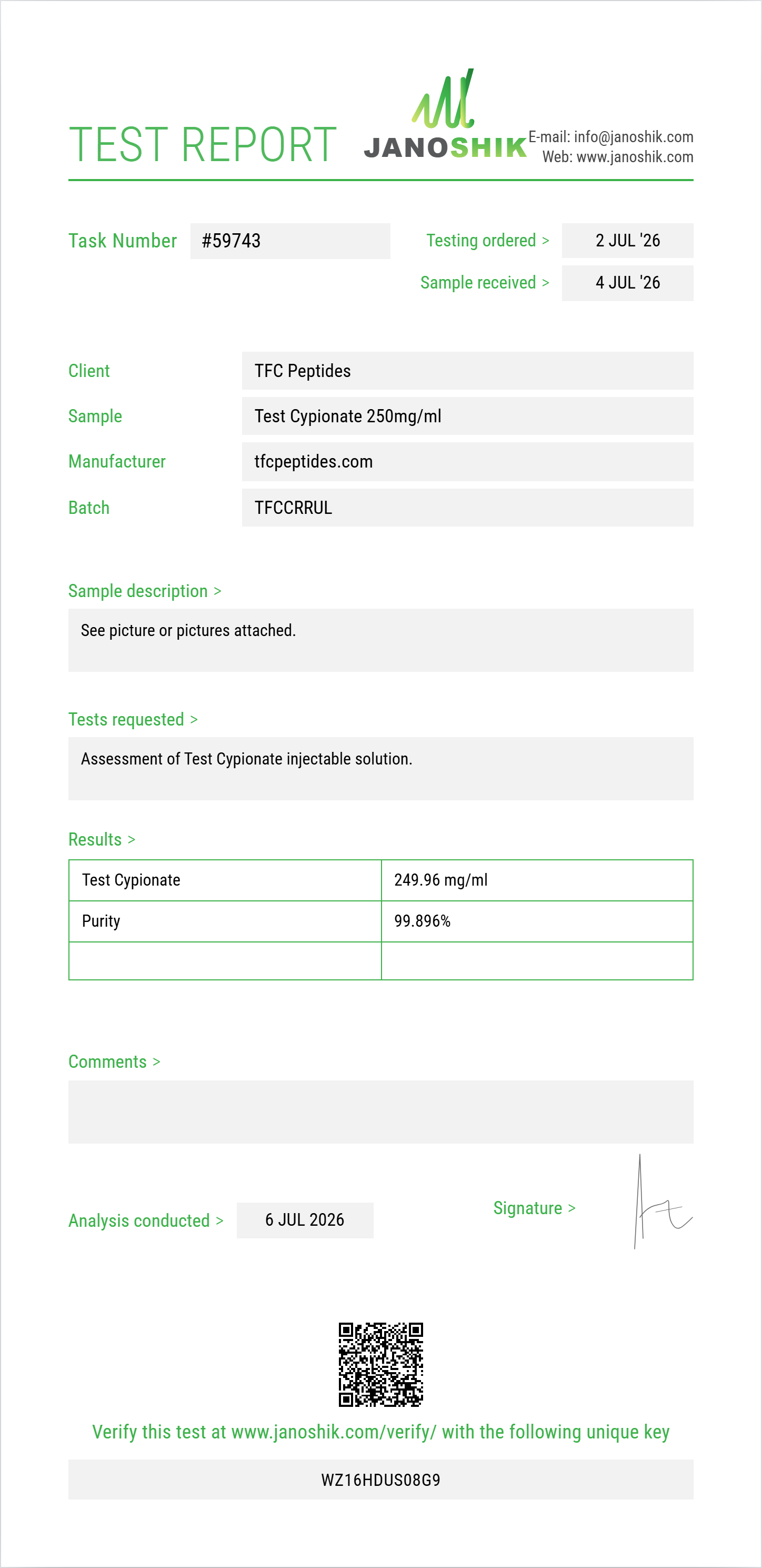 Test Cypionate Purity (HPLC) report by Janoshik Analytical