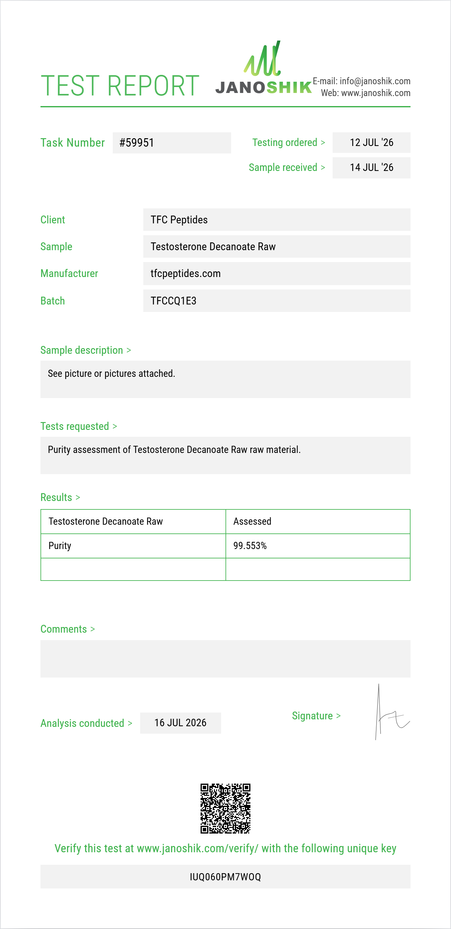 Testosterone Decanoate Raw Purity (HPLC) report by Janoshik Analytical