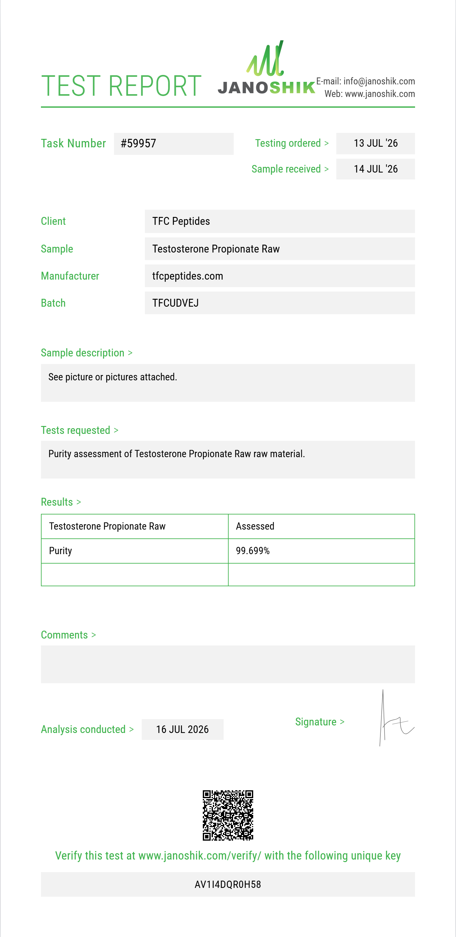 Testosterone Propionate Raw Purity (HPLC) report by Janoshik Analytical