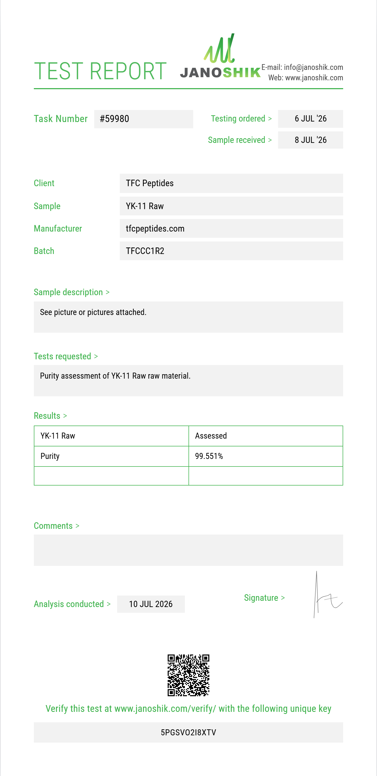 YK-11 Raw Purity (HPLC) report by Janoshik Analytical